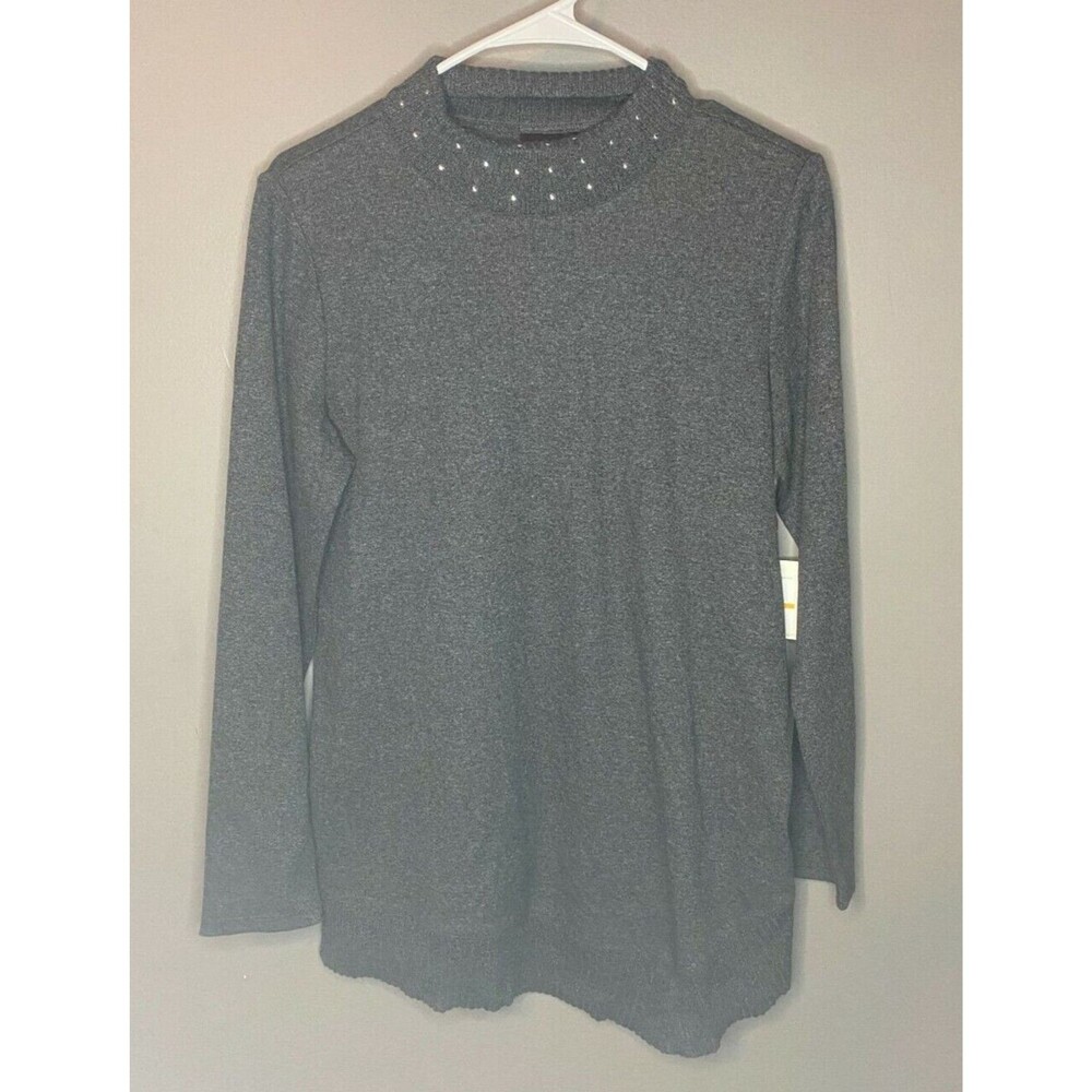 New RAFAELLA Women's Sweater Gray Mock Neck Rhinestone Beaded Collar Size S